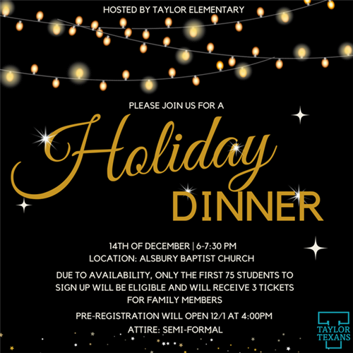  Holiday Dinner - Dec. 14th 6-7:30 PM (must register to attend)